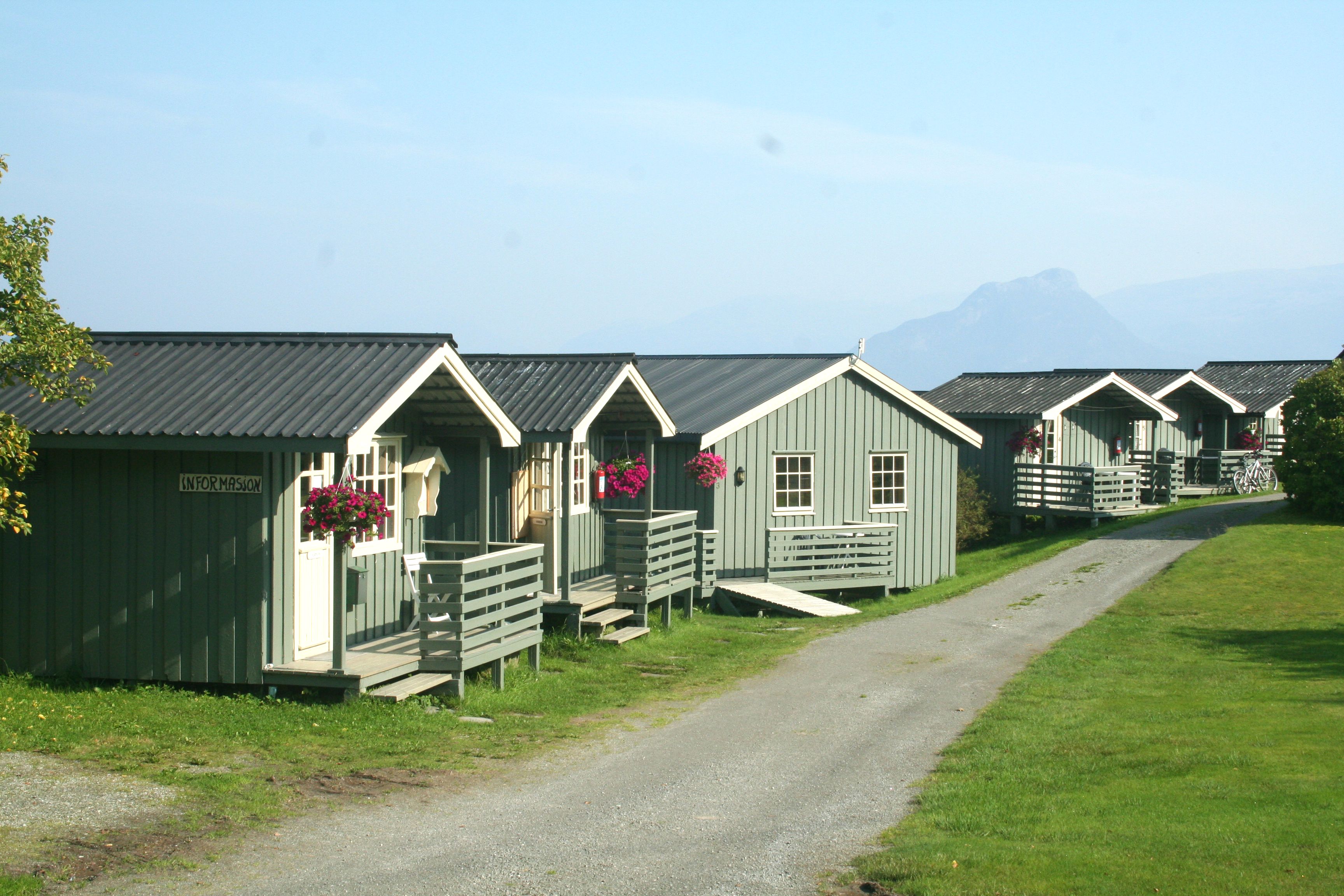 Informasjonshytta og hytter på rad ved Oddland Camping, omgitt av grønt gras og sommarblomar.