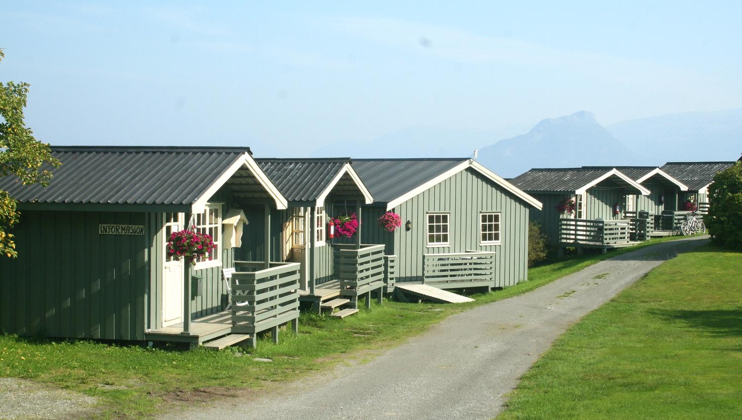 Informasjonshytta og hytter på rad ved Oddland Camping, omgitt av grønt gras og sommarblomar.