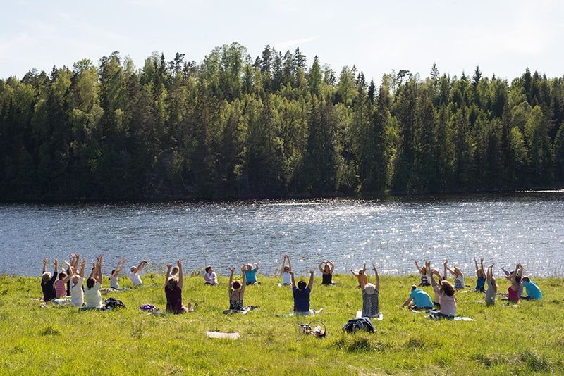 people on a field doing yoga