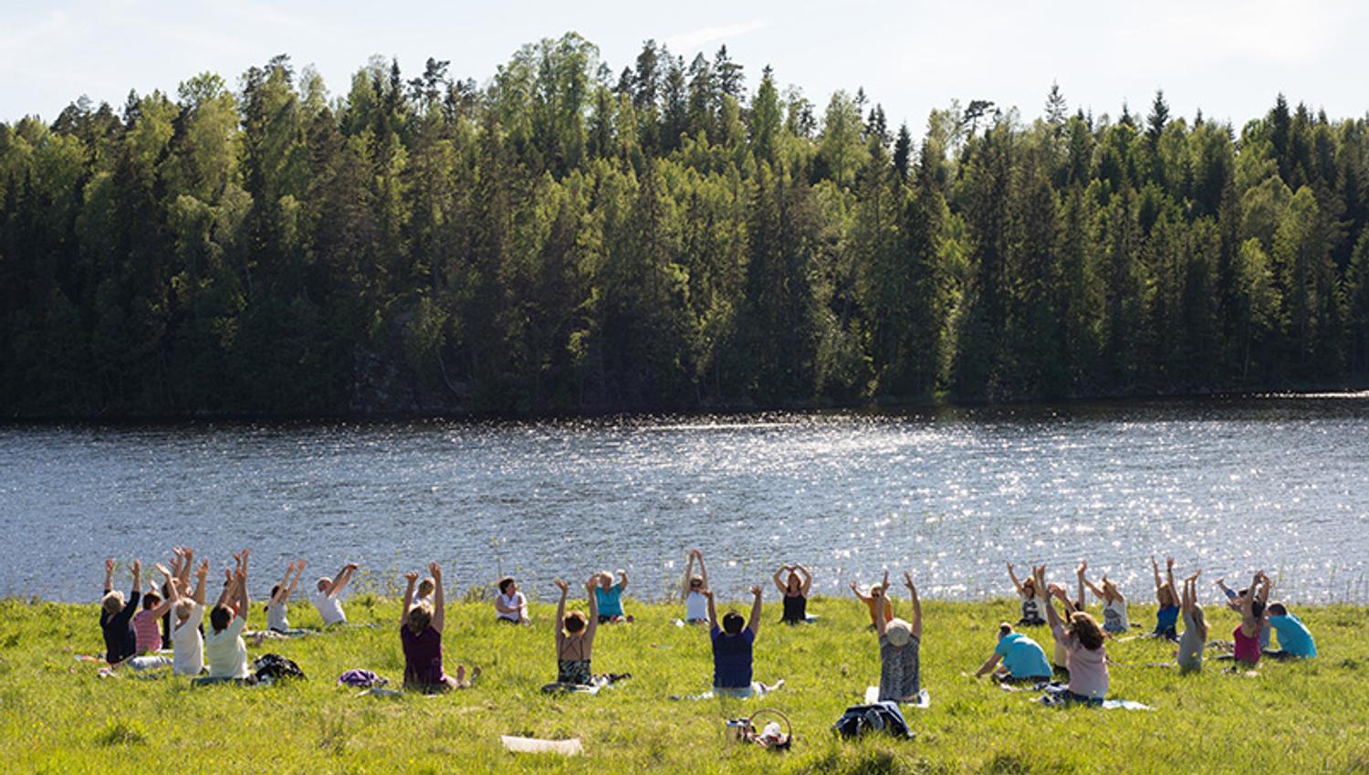 people on a field doing yoga
