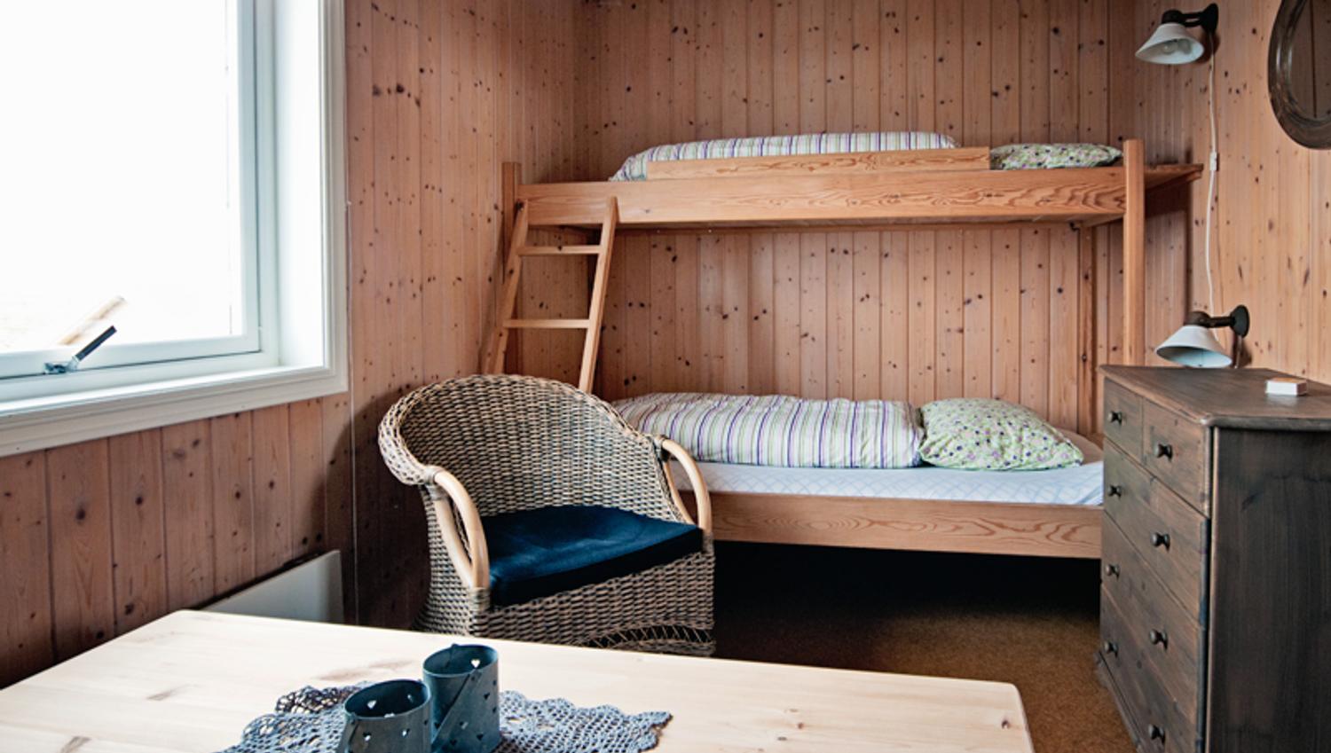 Et rom med trevegger, køyeseng, kommode, stol og bord.