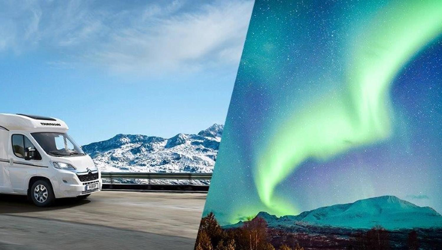 Motorhome in front of snow-covered mountains and Northern Lights over mountain landscape at night.