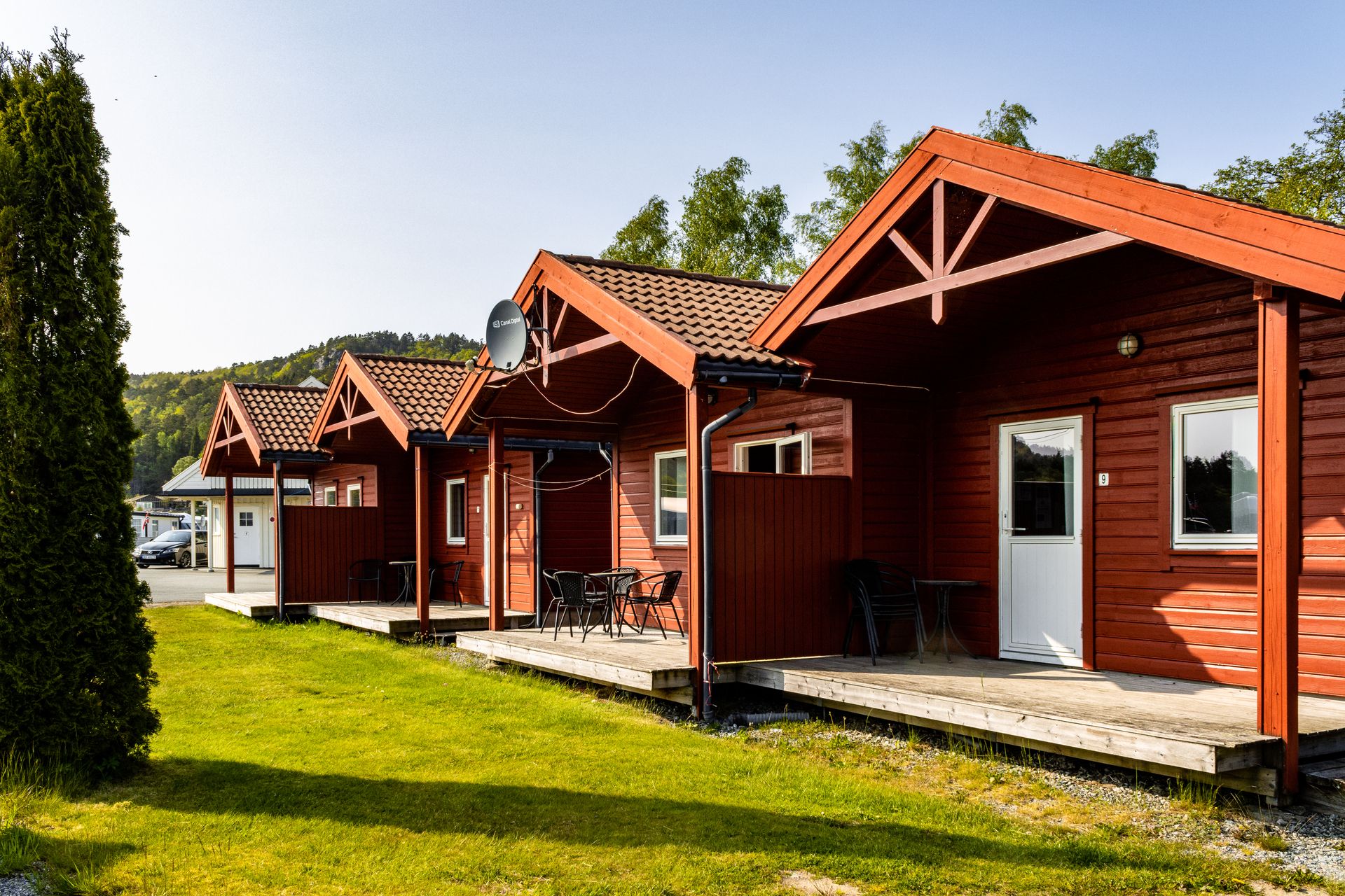 Red cabins located side by side