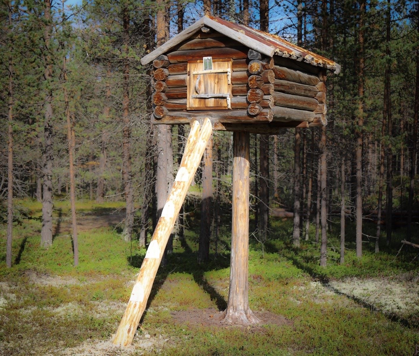 Njalla (enstolpebod) i friluftsmuseet. Enstolpeboder er små forrådshus plassert øverst på en 2-3 meter lang trepåle, slik at dyr ikke skulle kunne bryte seg inn.
