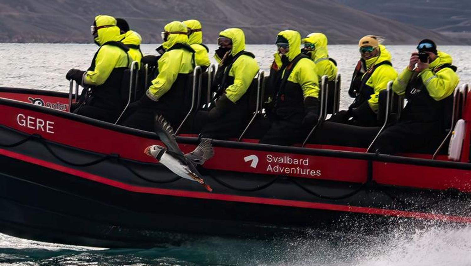 Turgrupper i gule drakter på RIB-båt i høy fart.