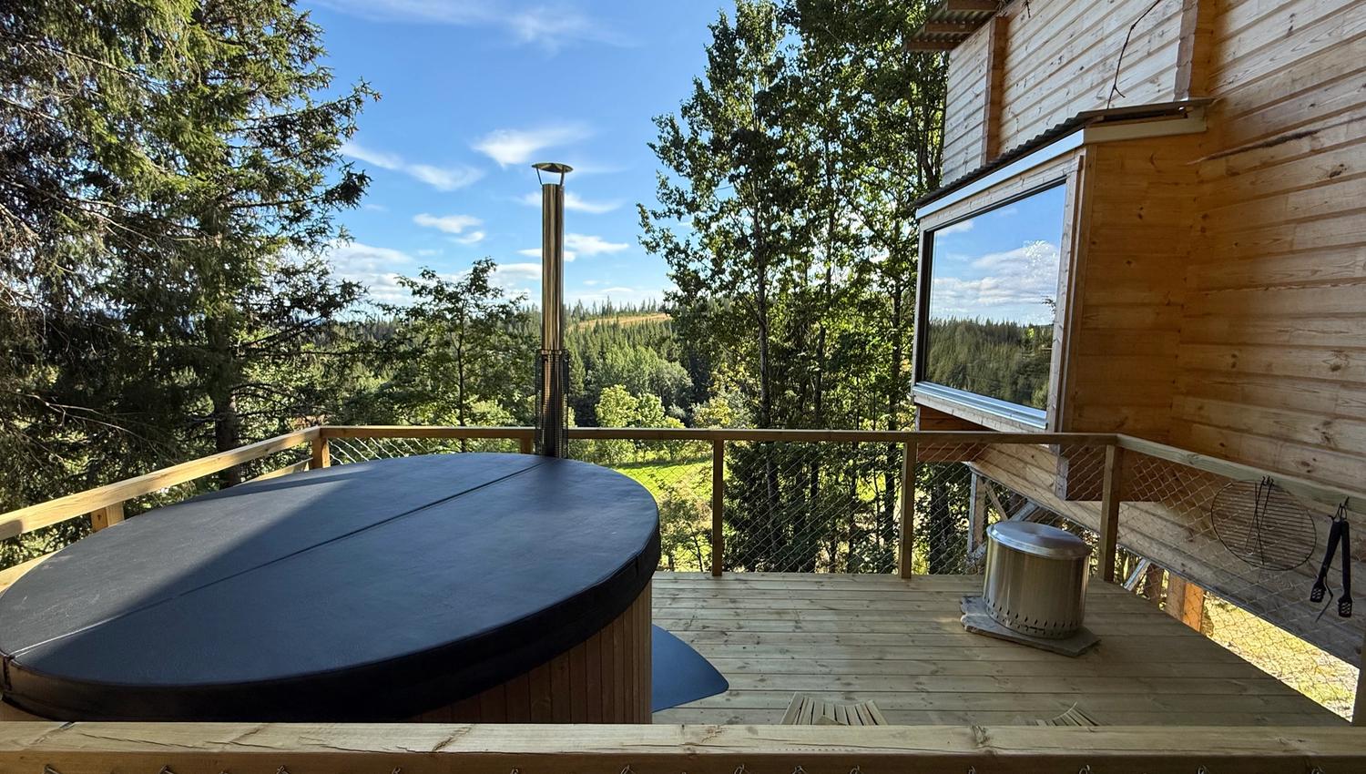 Jacuzzi with a view of the forest and meadow next to a treehouse in the trees