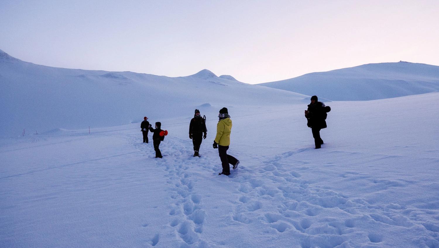A group of people walking in a snow covered landscape