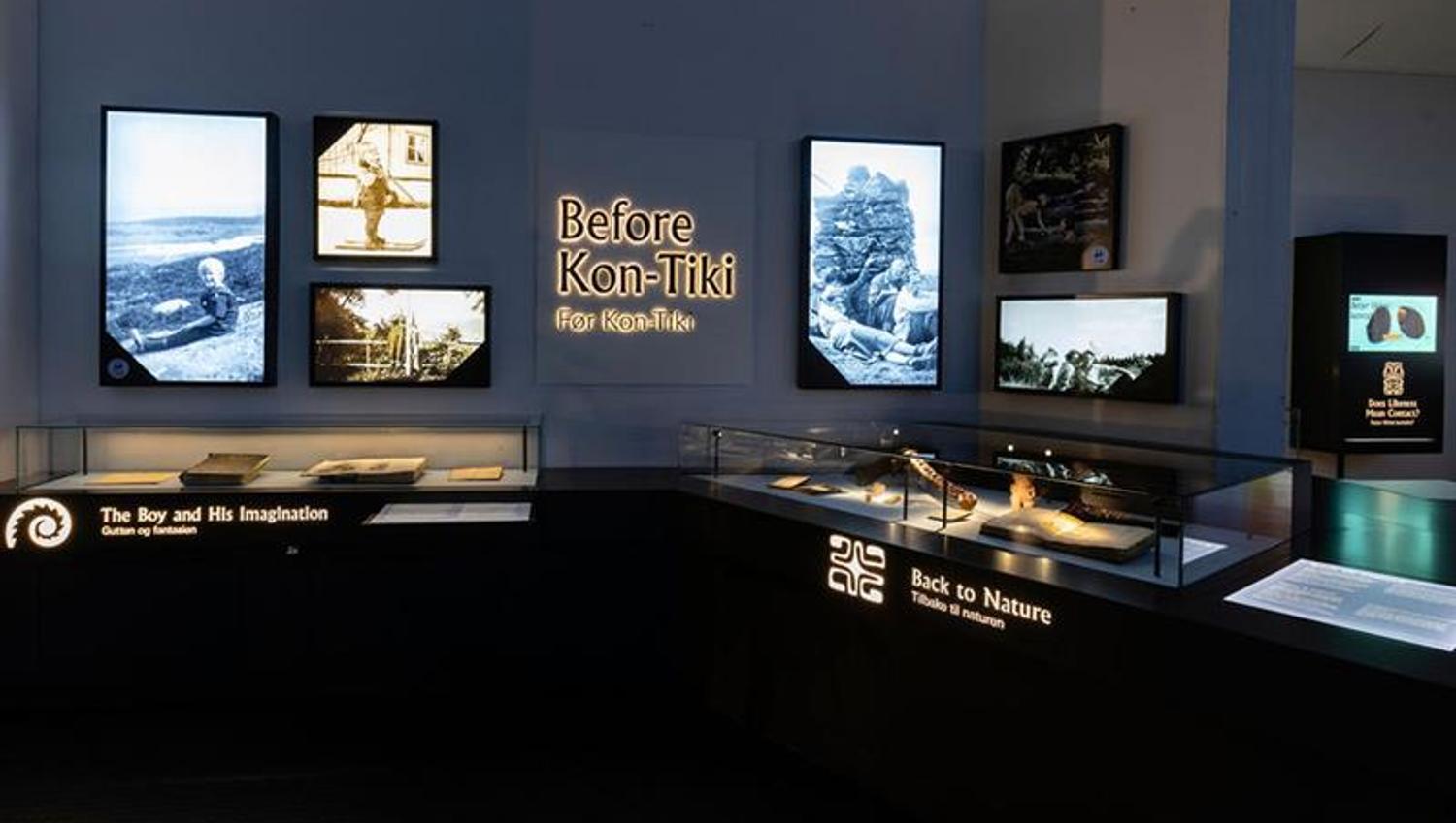 Montre og skjermer i utstillingen "Before Kon-Tiki"