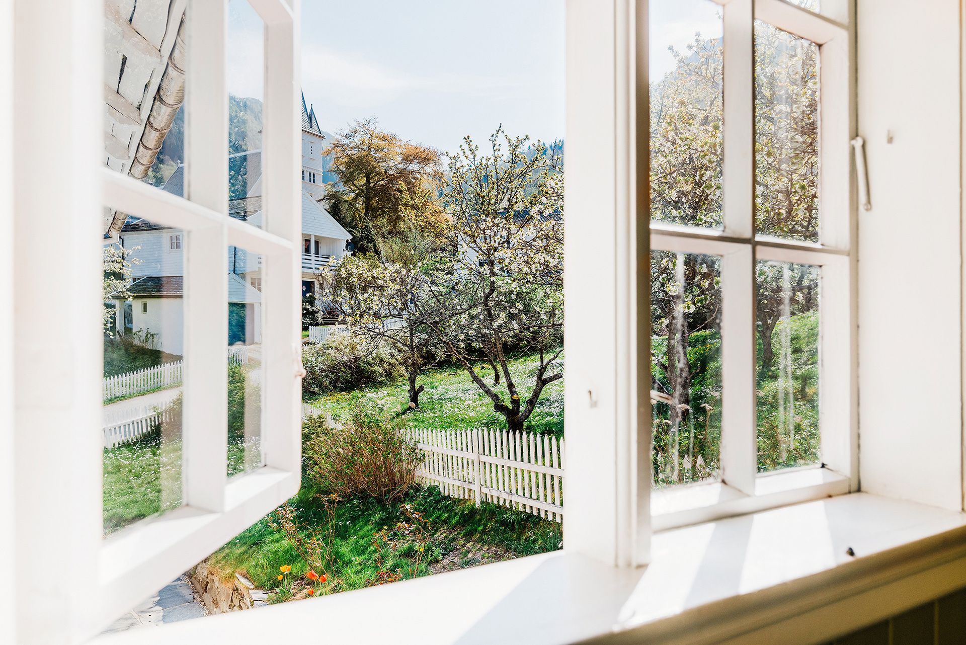 A beautiful spring view from an open window at Utne Hotel in Hardanger.
