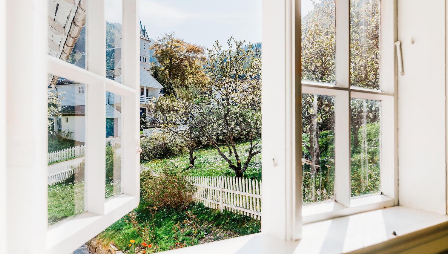 A beautiful spring view from an open window at Utne Hotel in Hardanger.