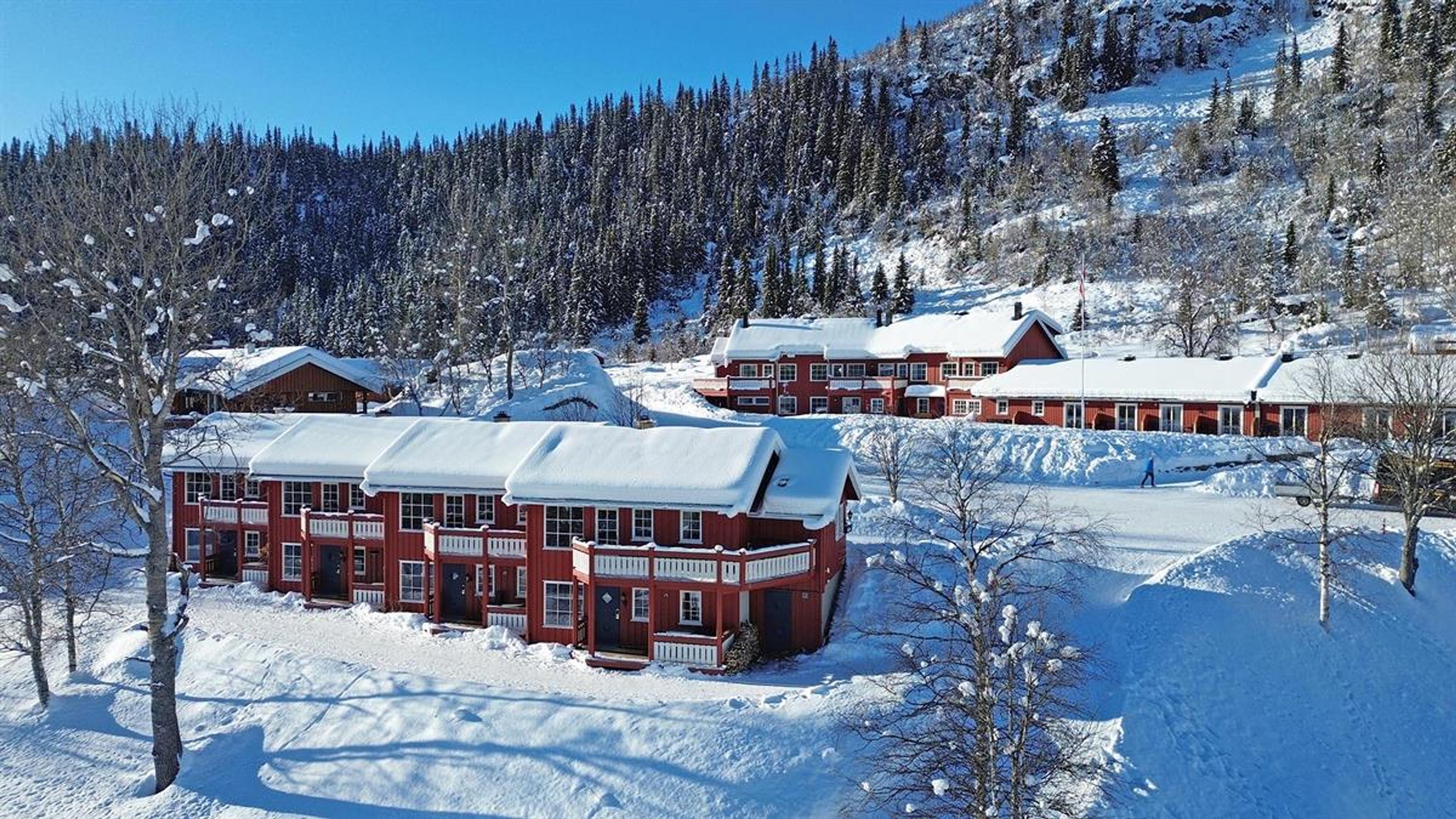 Red semi-attached wood buildings in a snow-covered hillside surrounded by forest