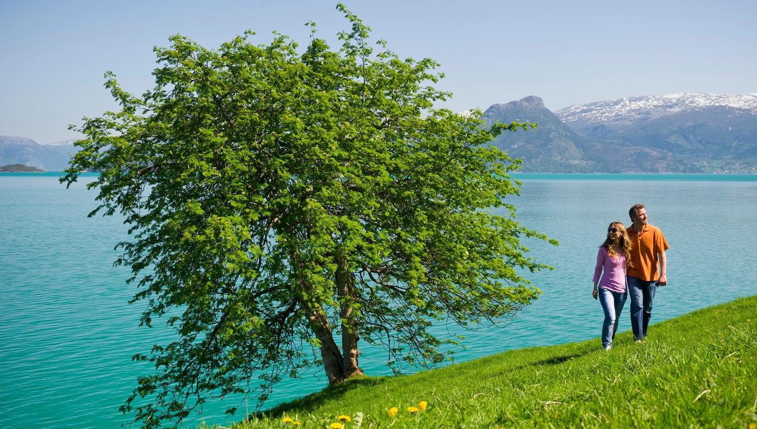Par på tur ved Hardangerfjorden nær Oddland Camping ein solrik dag.