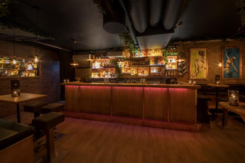 Barcounter with displayed beverages.