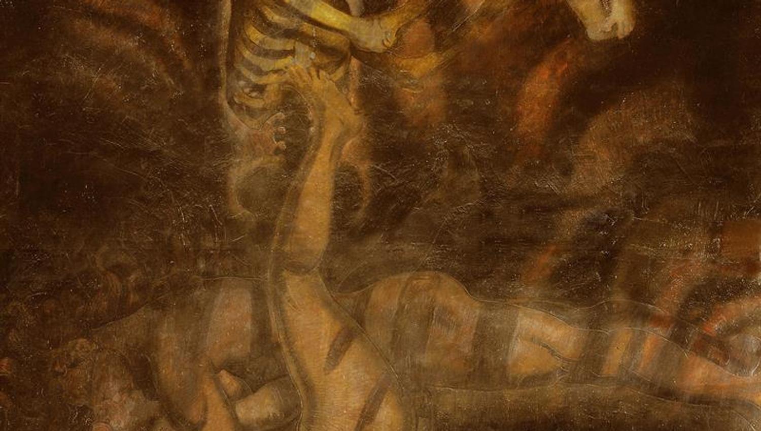 Detaljbilde av maleri: Et skjelett som løfter et barn.