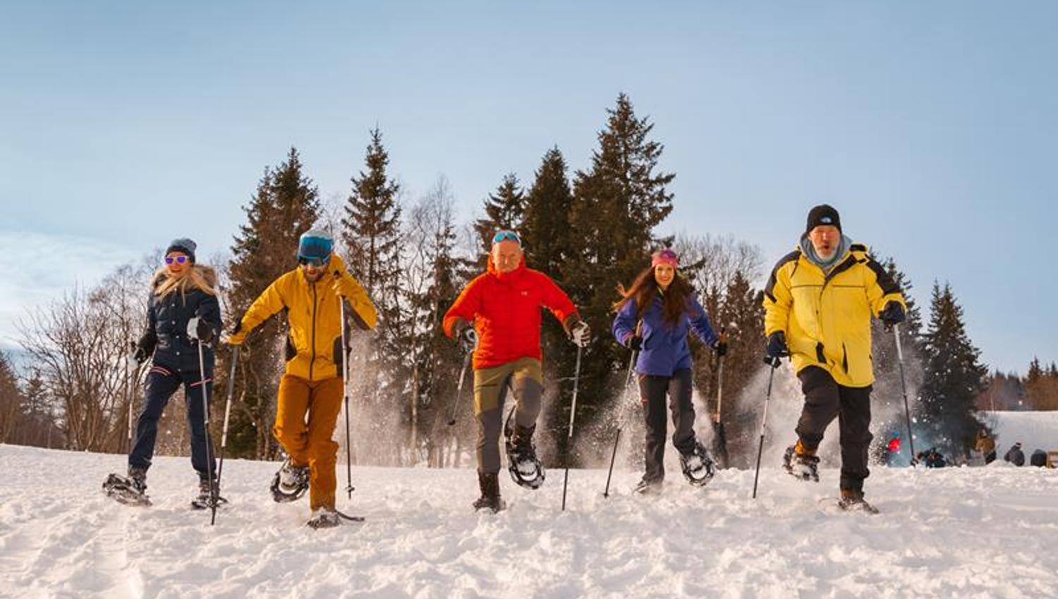 Five people snowshoeing through the snow