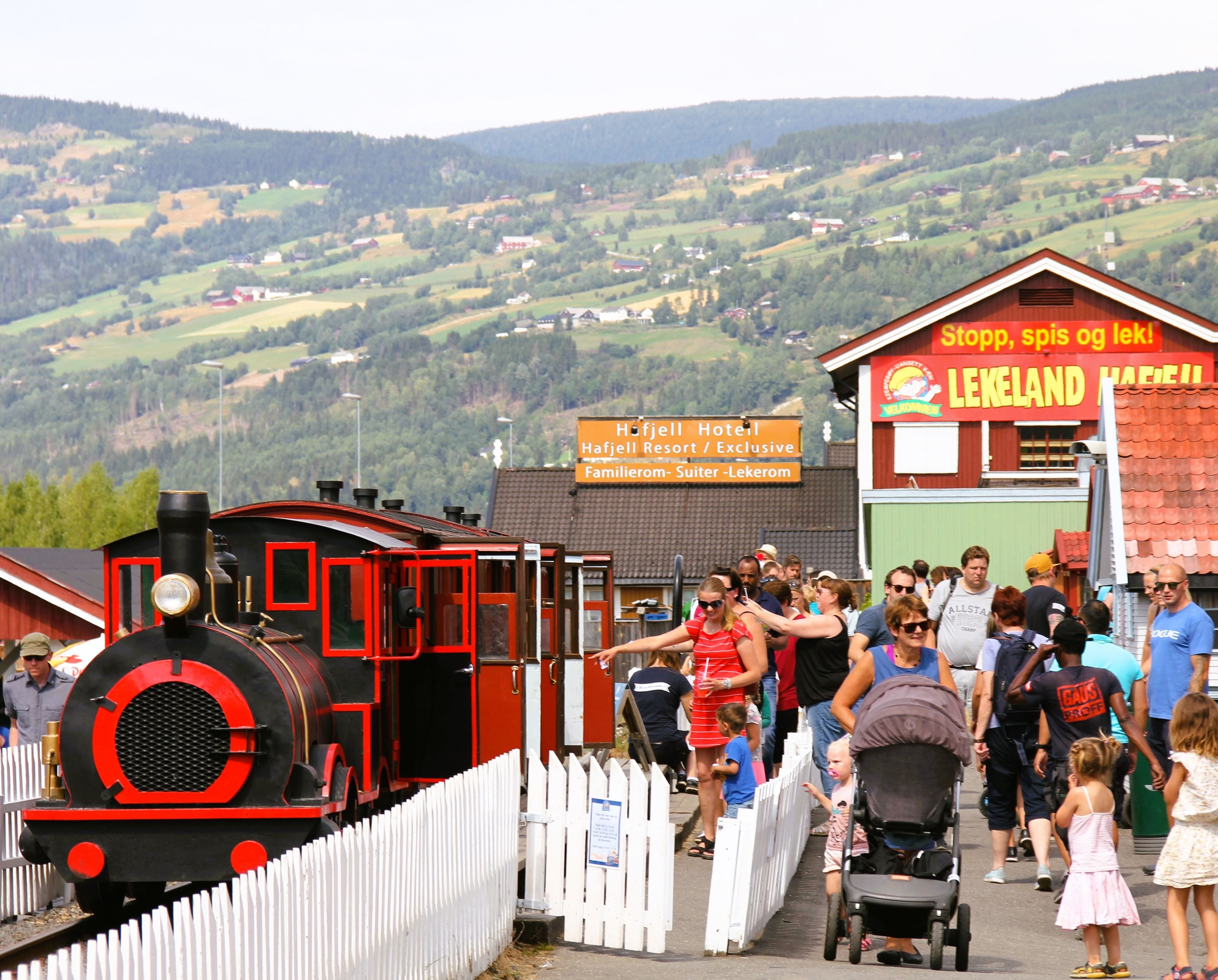 A group of people walking past a train.