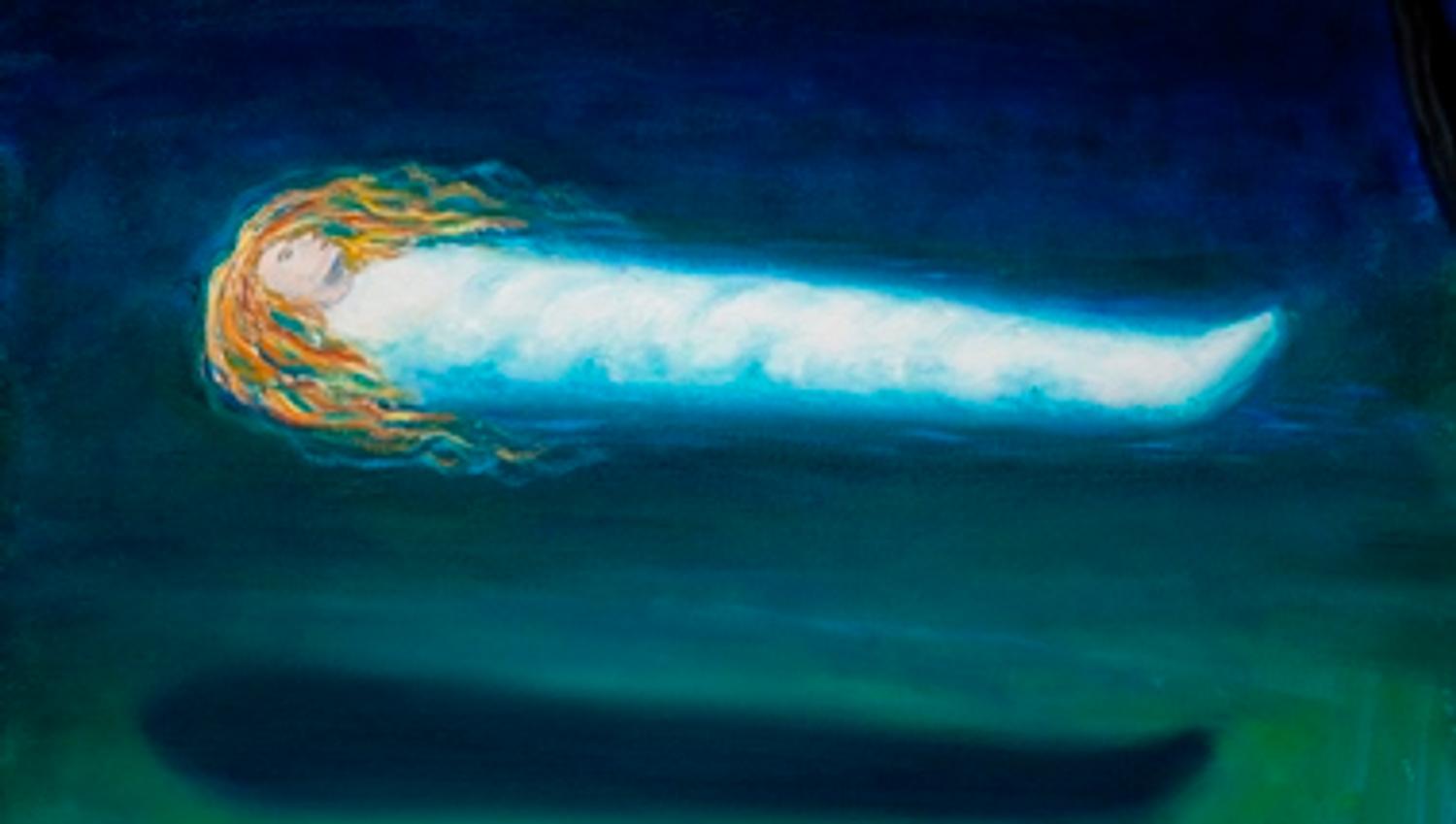 maleri i grønt og blått med en svevende person