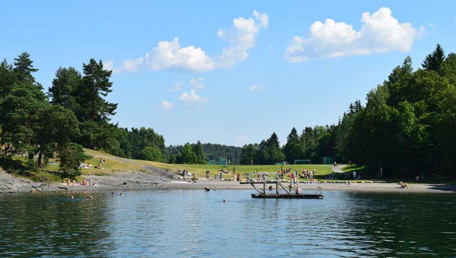 Kalvøya, strand, sandstrand, utegrill, badebrygge, sjø, gressplen, svømme, bade, barn,
