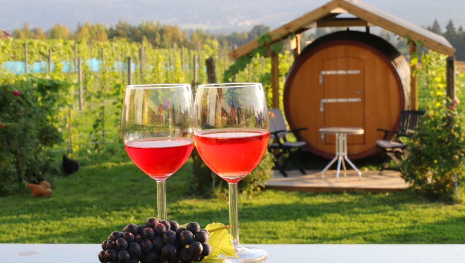 2 wine glasses stand on a table and wine barrel in the background