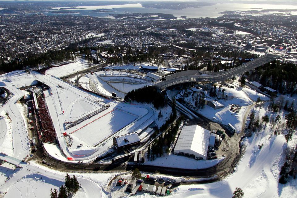 Aerial view of Holmenkollen, covered in snow.