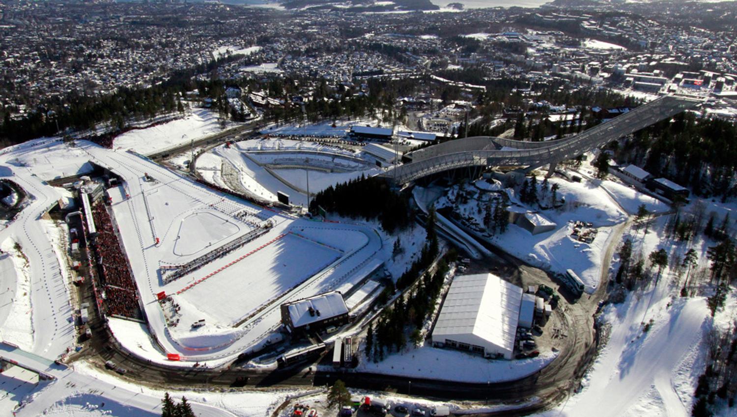 Aerial view of Holmenkollen, covered in snow.