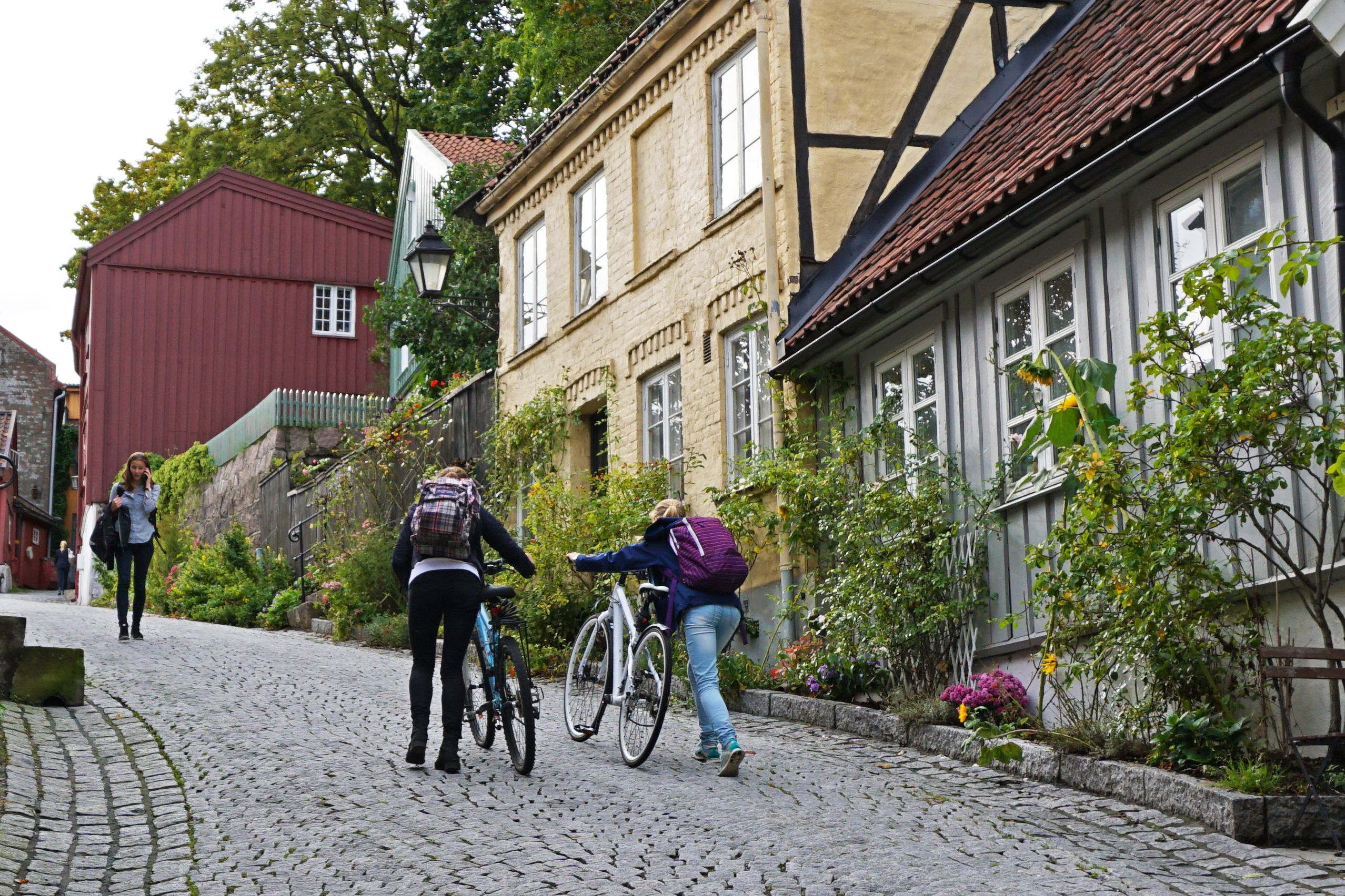 Et par personer som triller syklene sine oppover Telthusbakken, jente som går nedover.