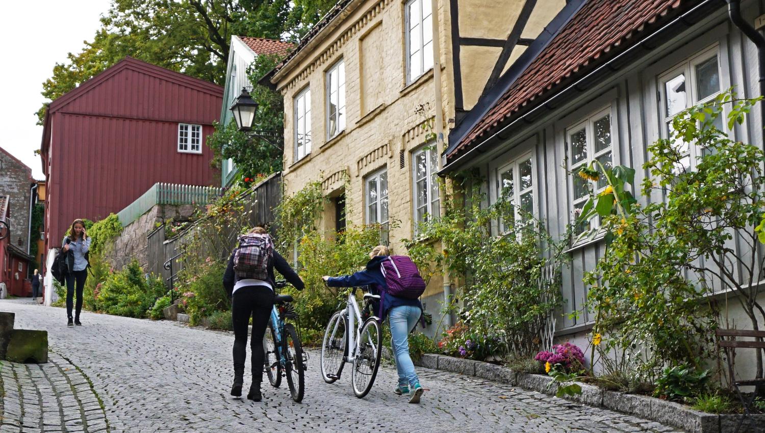 Et par personer som triller syklene sine oppover Telthusbakken, jente som går nedover.