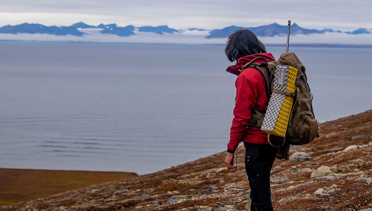 A guide with backpack and rifle on their back, looking out across a fjord in the background