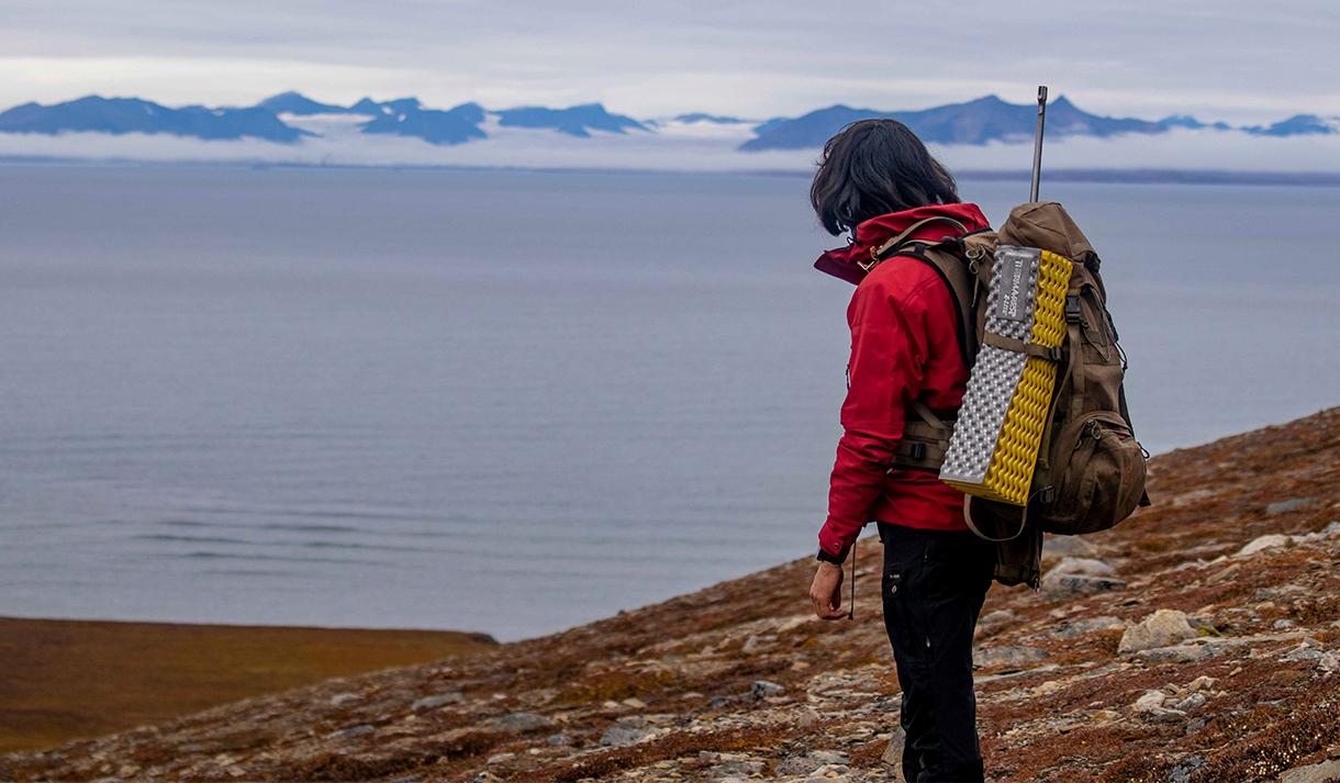 A guide with backpack and rifle on their back, looking out across a fjord in the background