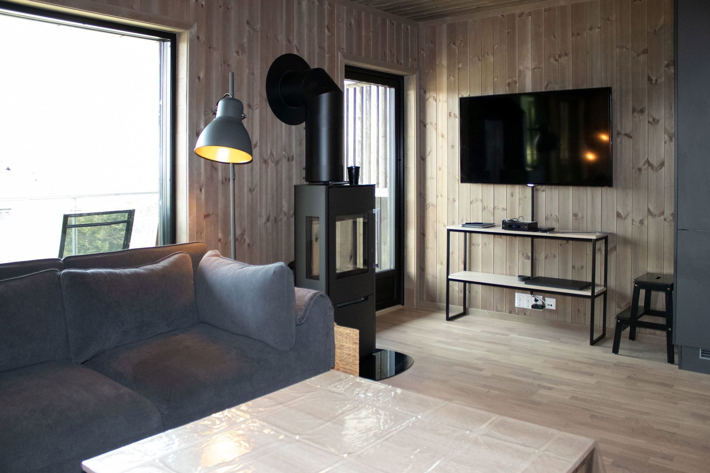 A living room with TV and sofa.