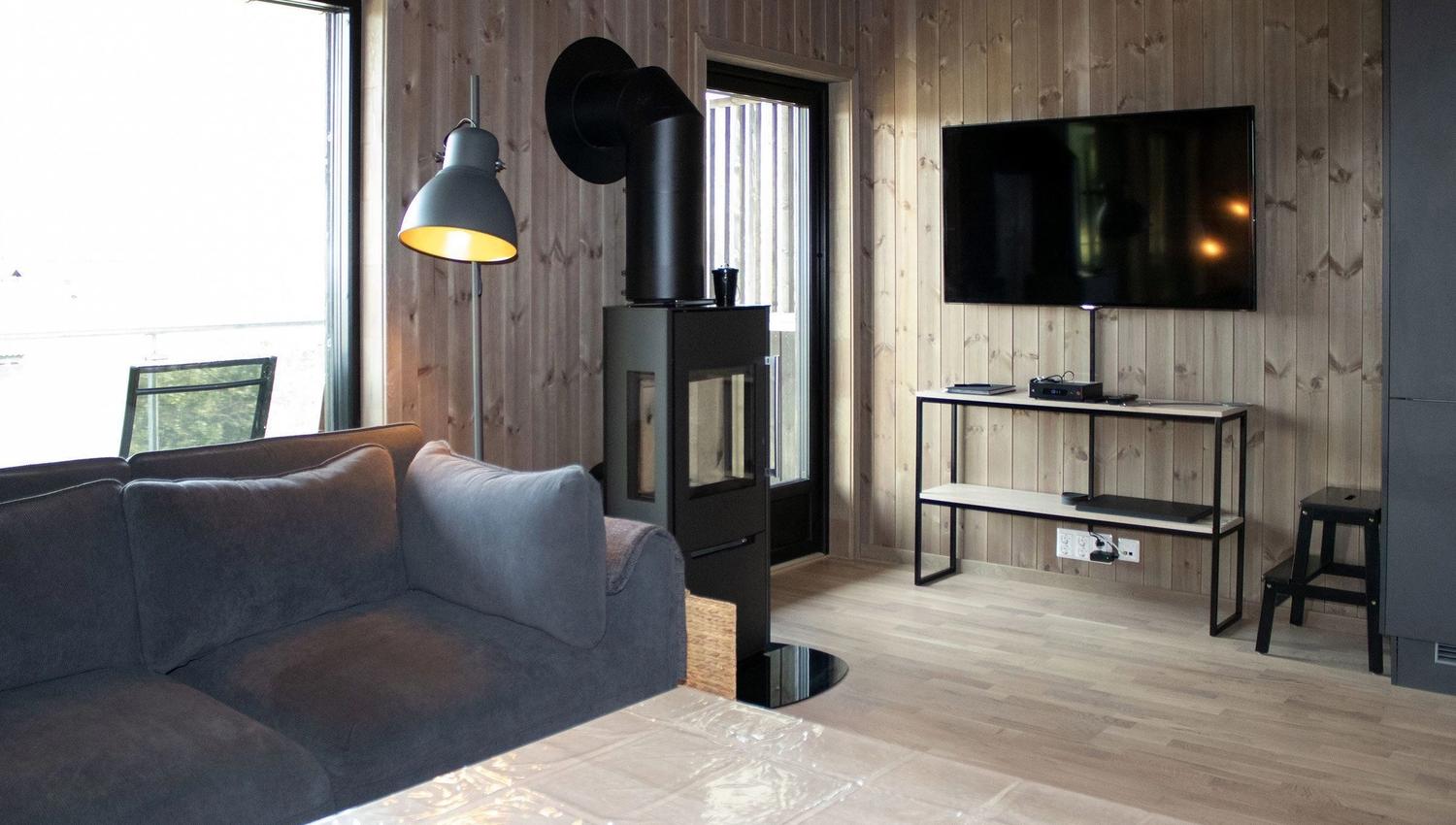 A living room with TV and sofa.