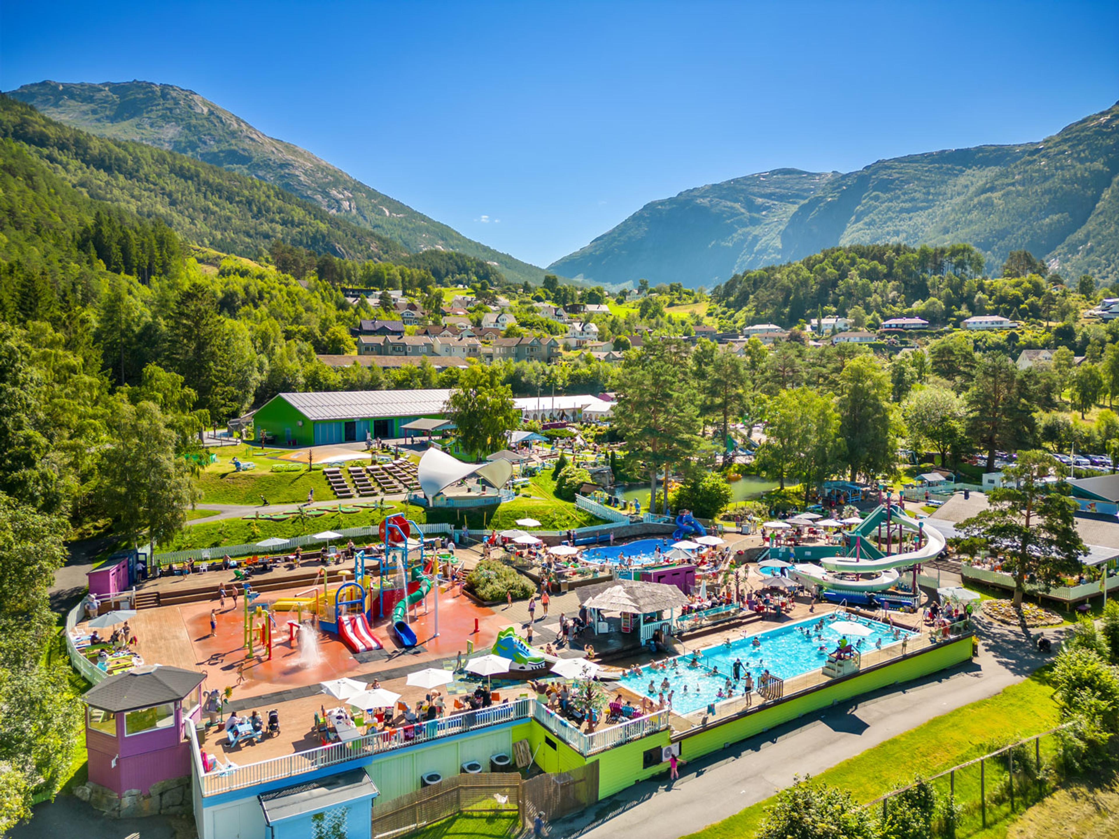 Overview of Mikkelparken in Hardanger featuring a pool area water slides and scenic fjord views