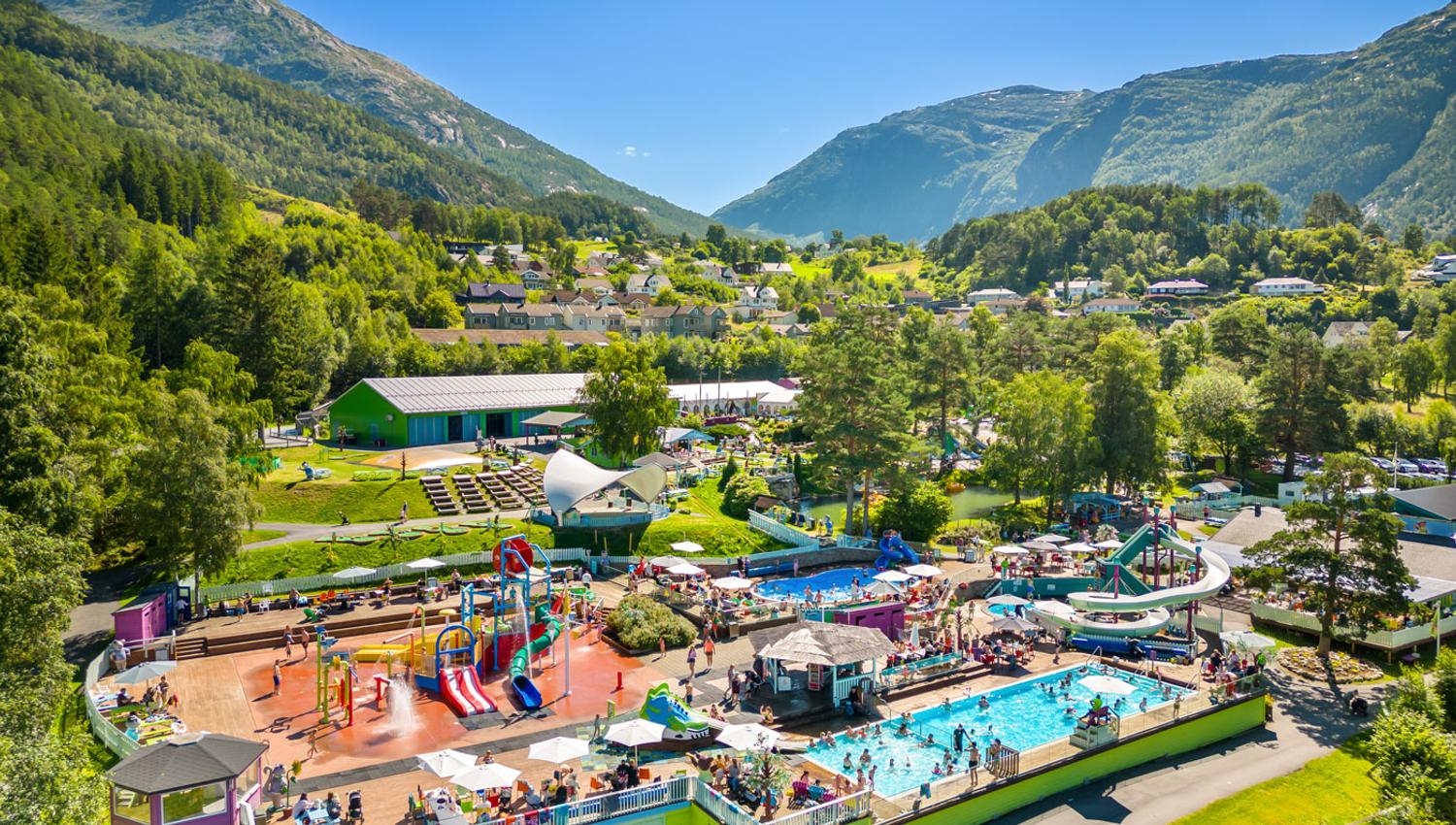 Overview of Mikkelparken in Hardanger featuring a pool area water slides and scenic fjord views