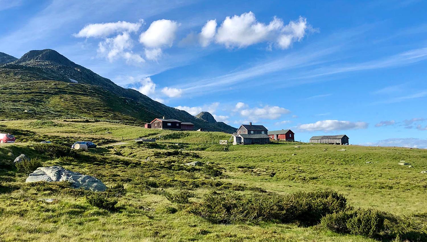 The summer farm compound of Storeskag with parts of the mountain Skaget visible beyond.
