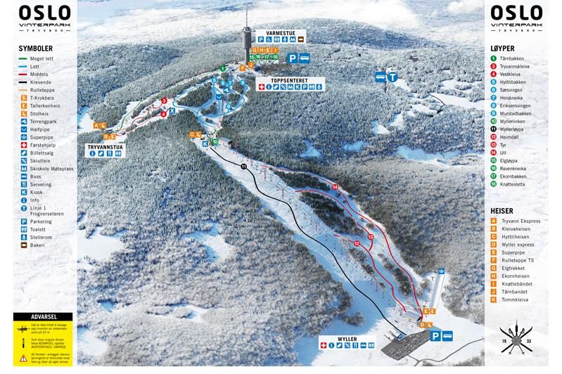 kart over Oslo Vinterpark med de ulike bakkene