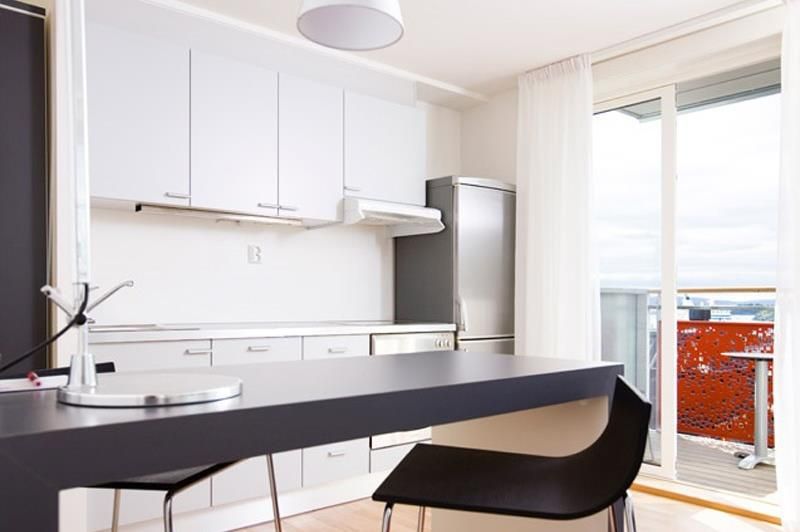 bright kitchen with seating