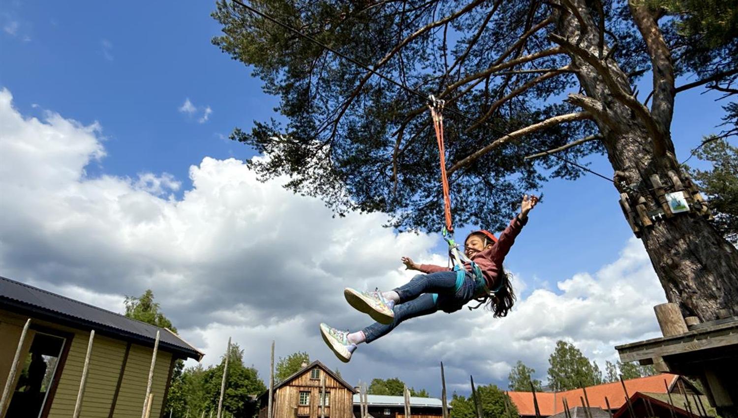 A participant swinging high in the air in an aerial swing activity between the trees.