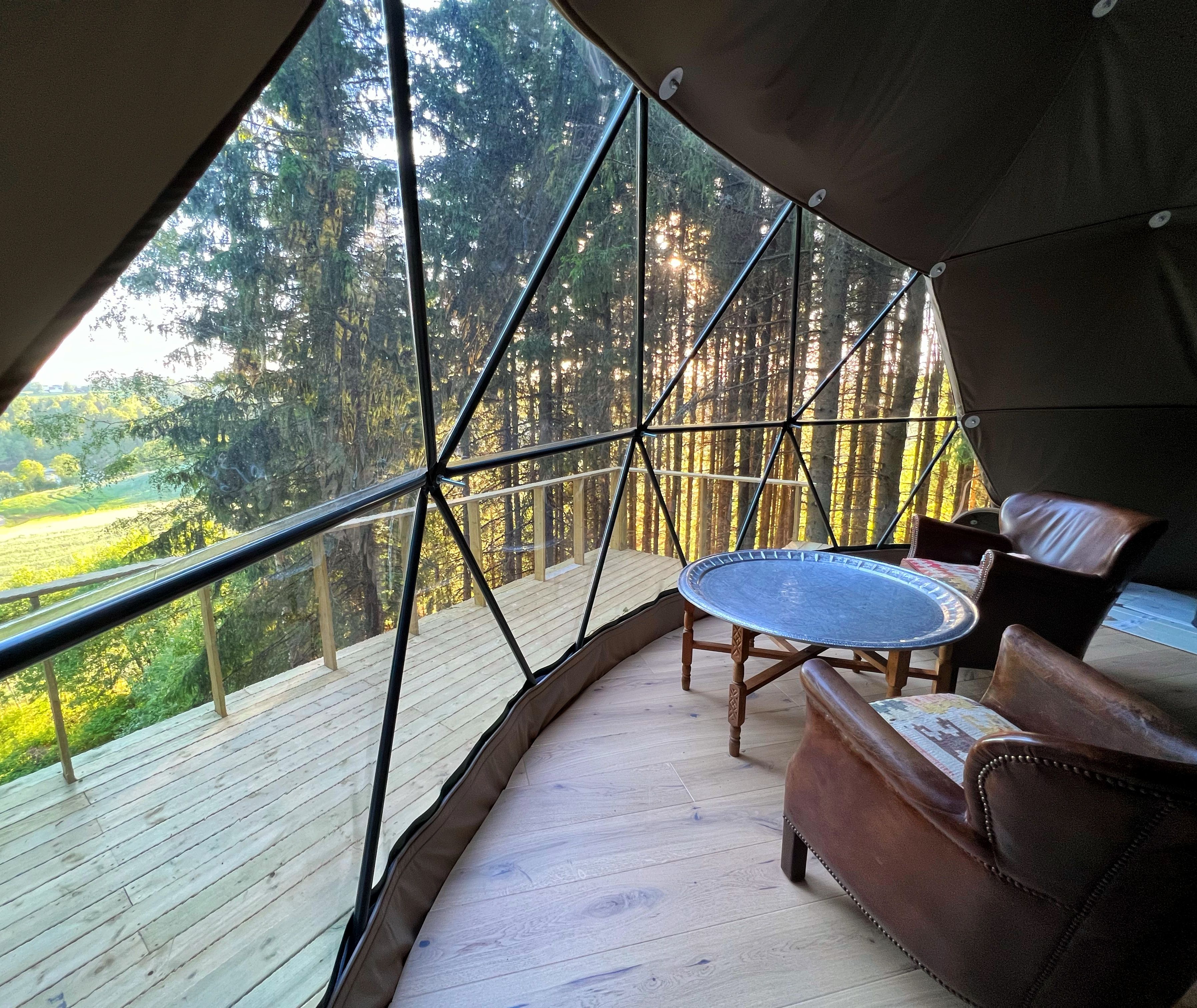 WonderInn Dome with chairs and table overlooking the forest and forest 