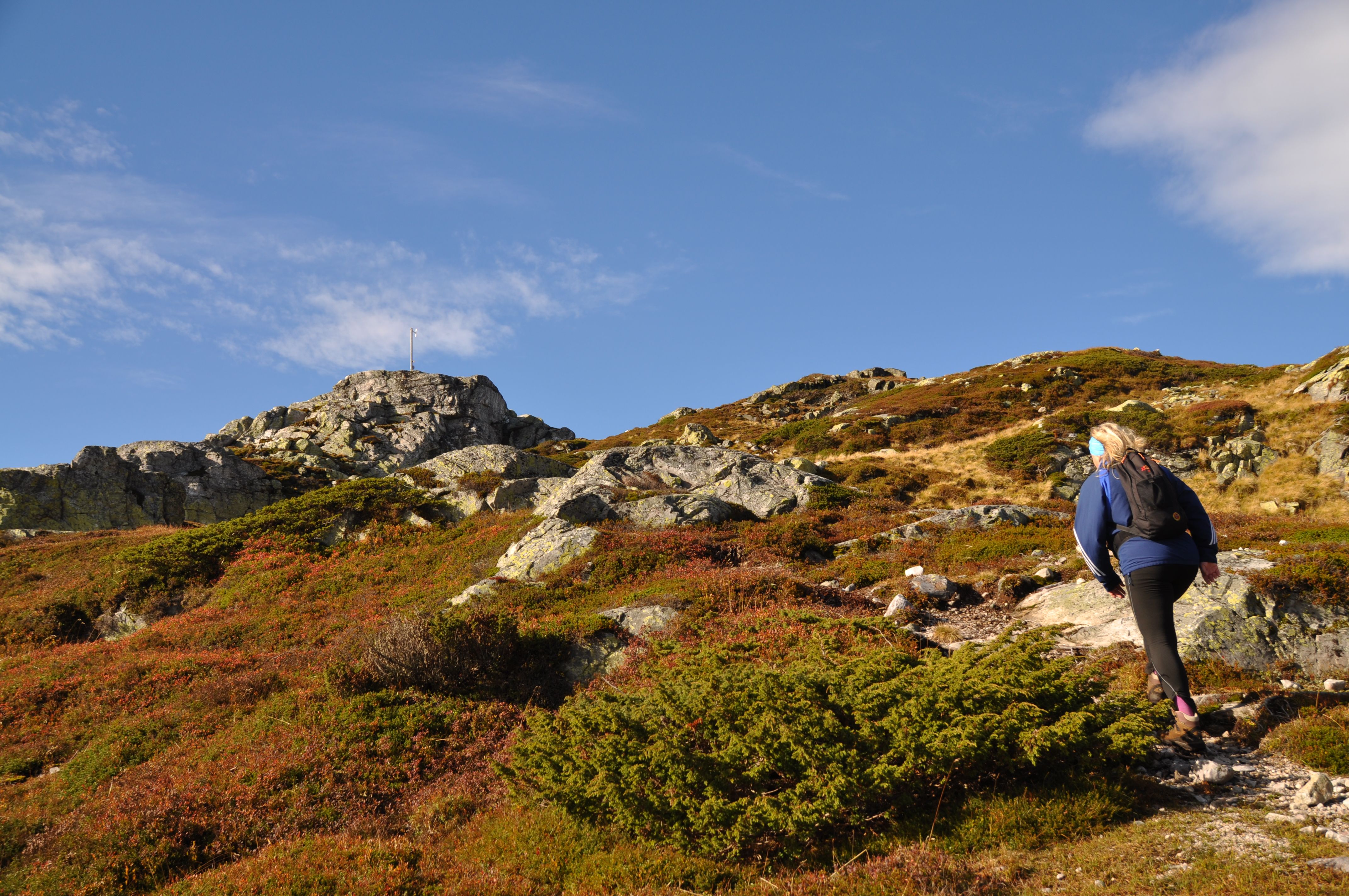 Blå himmel, høstfarger på bakken og en kvinne med ryggsekk som går oppover, på vei mot en av Lifjells mange topper.
