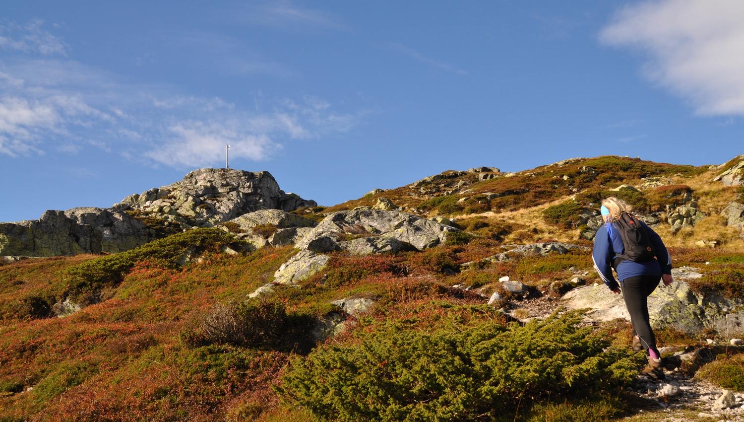 Blå himmel, høstfarger på bakken og en kvinne med ryggsekk som går oppover, på vei mot en av Lifjells mange topper.