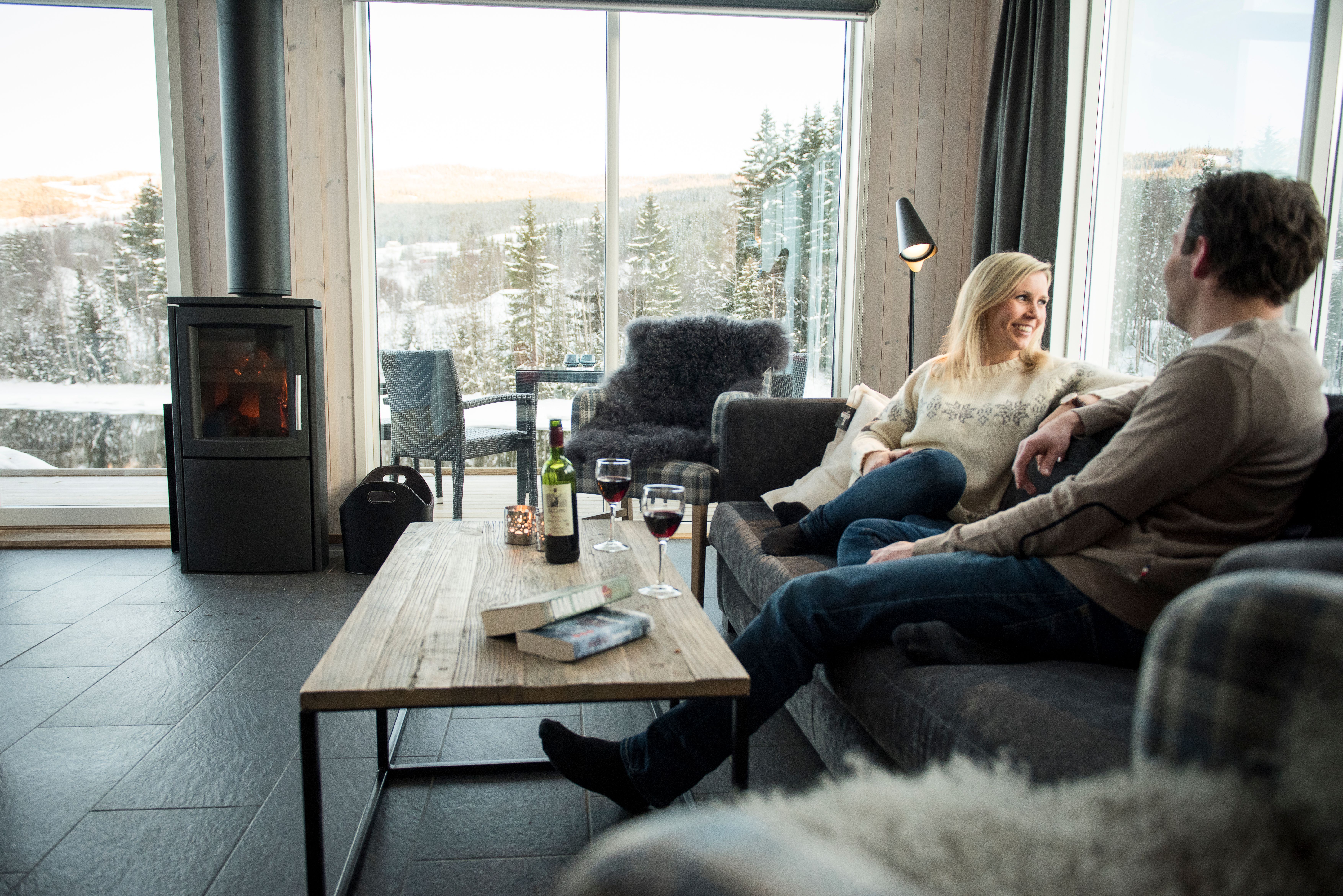 Vin i sofaen i hytte