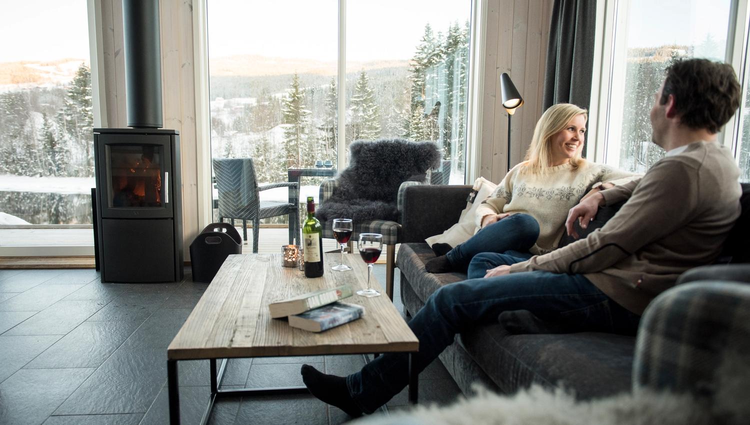 Vin i sofaen i hytte