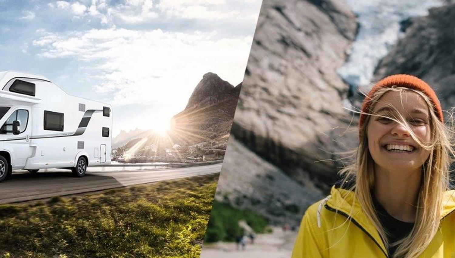 Motorhome driving through mountain landscape and person in nature with mountains and water in the background.