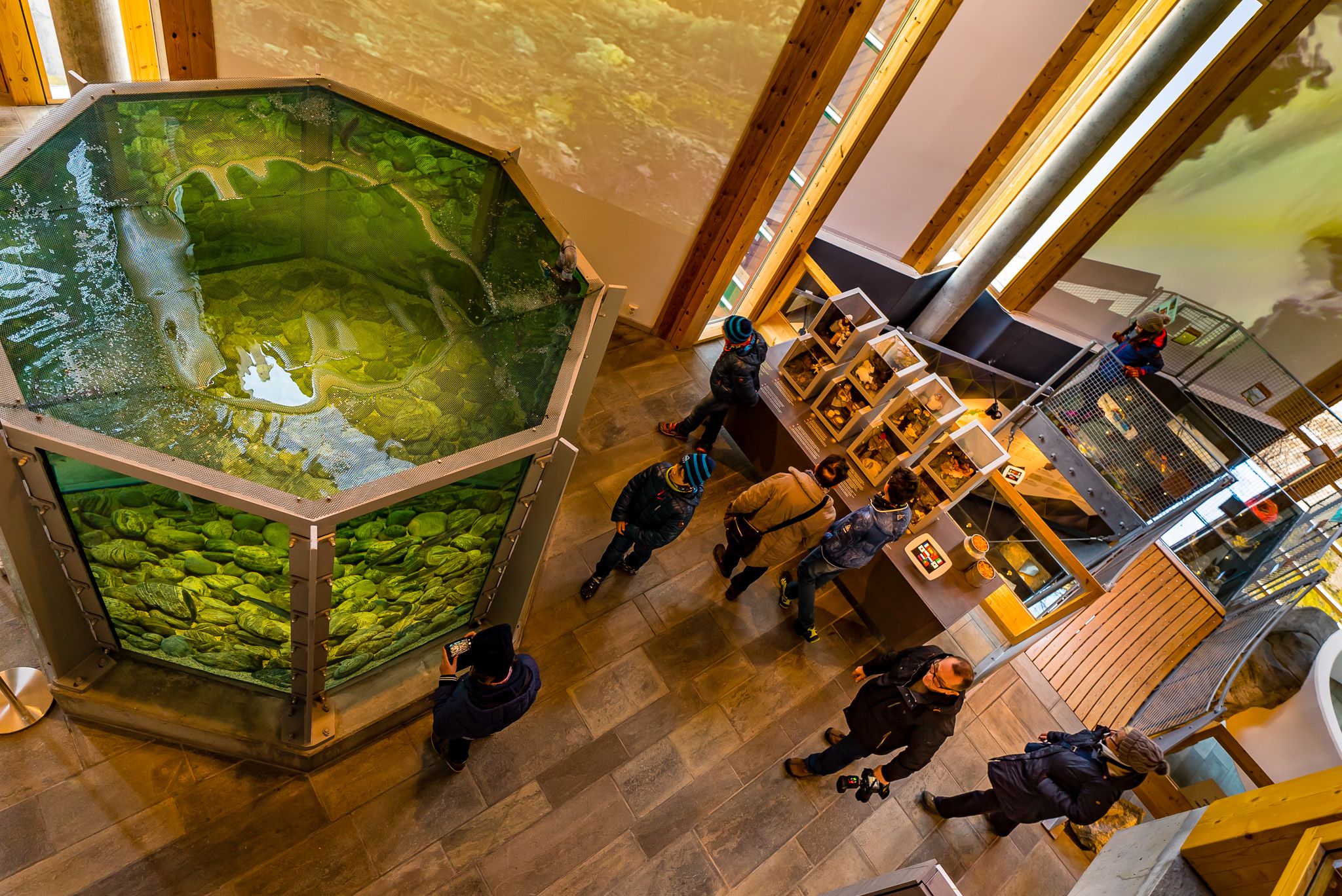 One of the fish tanks and some people surrounding it, seen from above.