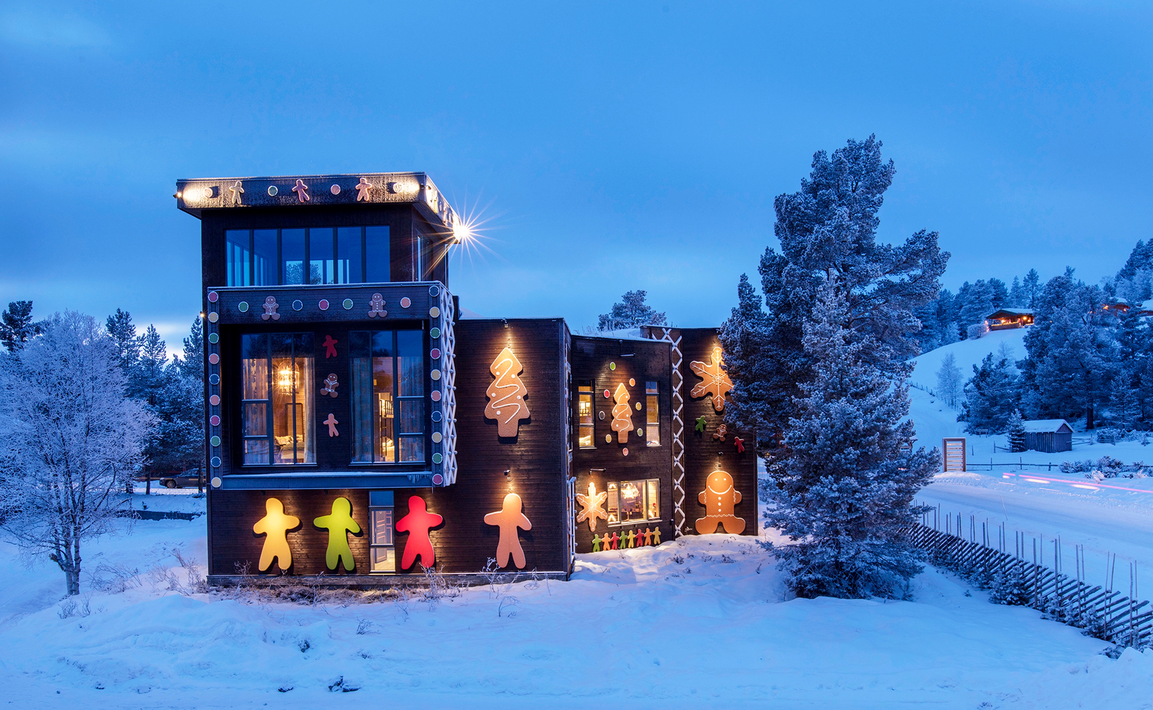 Gingerbread house in a snowy landscape in Savalen, Eastern Norway