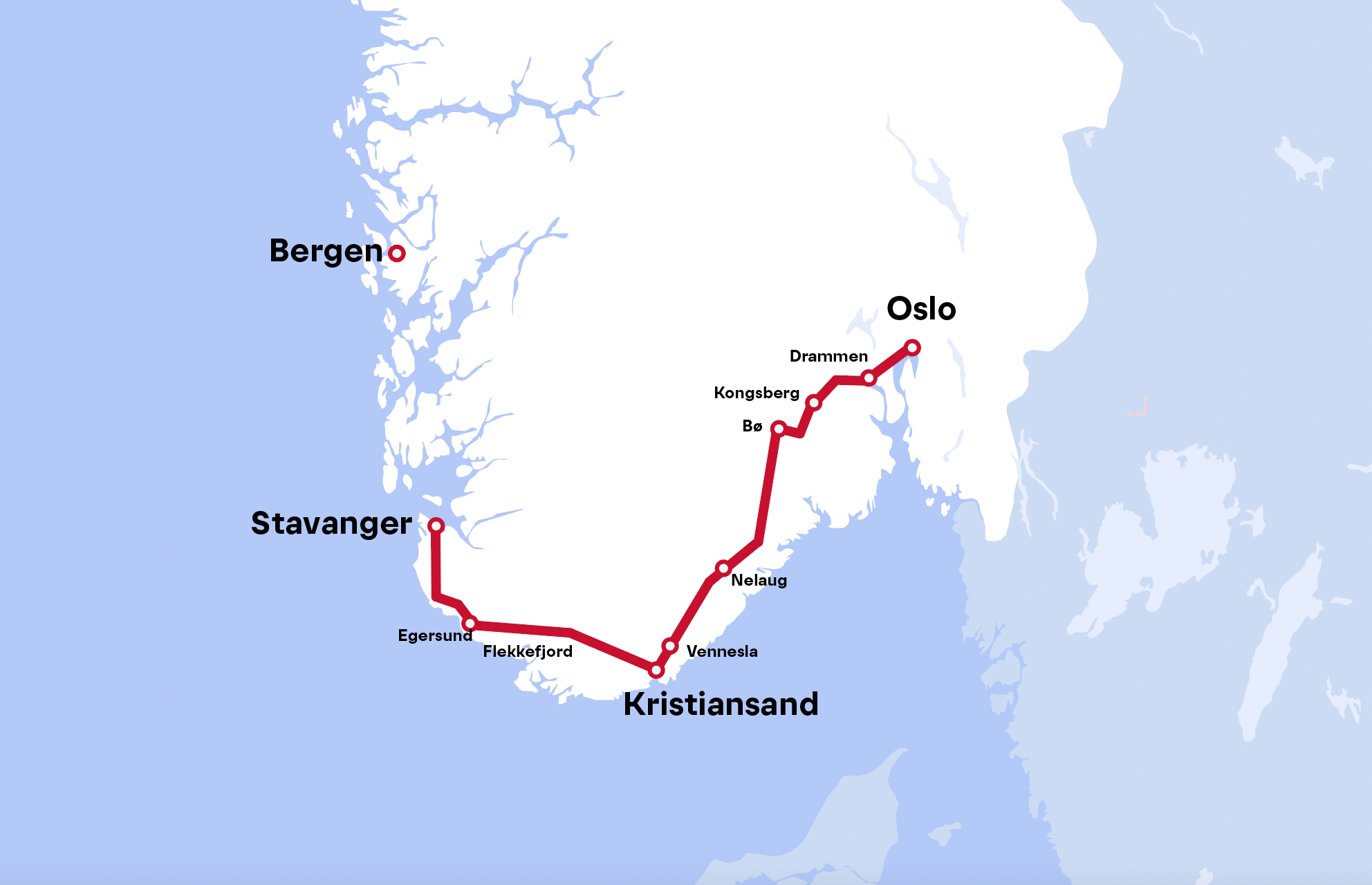 A illustrated map of the Sørlandsbanen Railway from Oslo to Stavanger