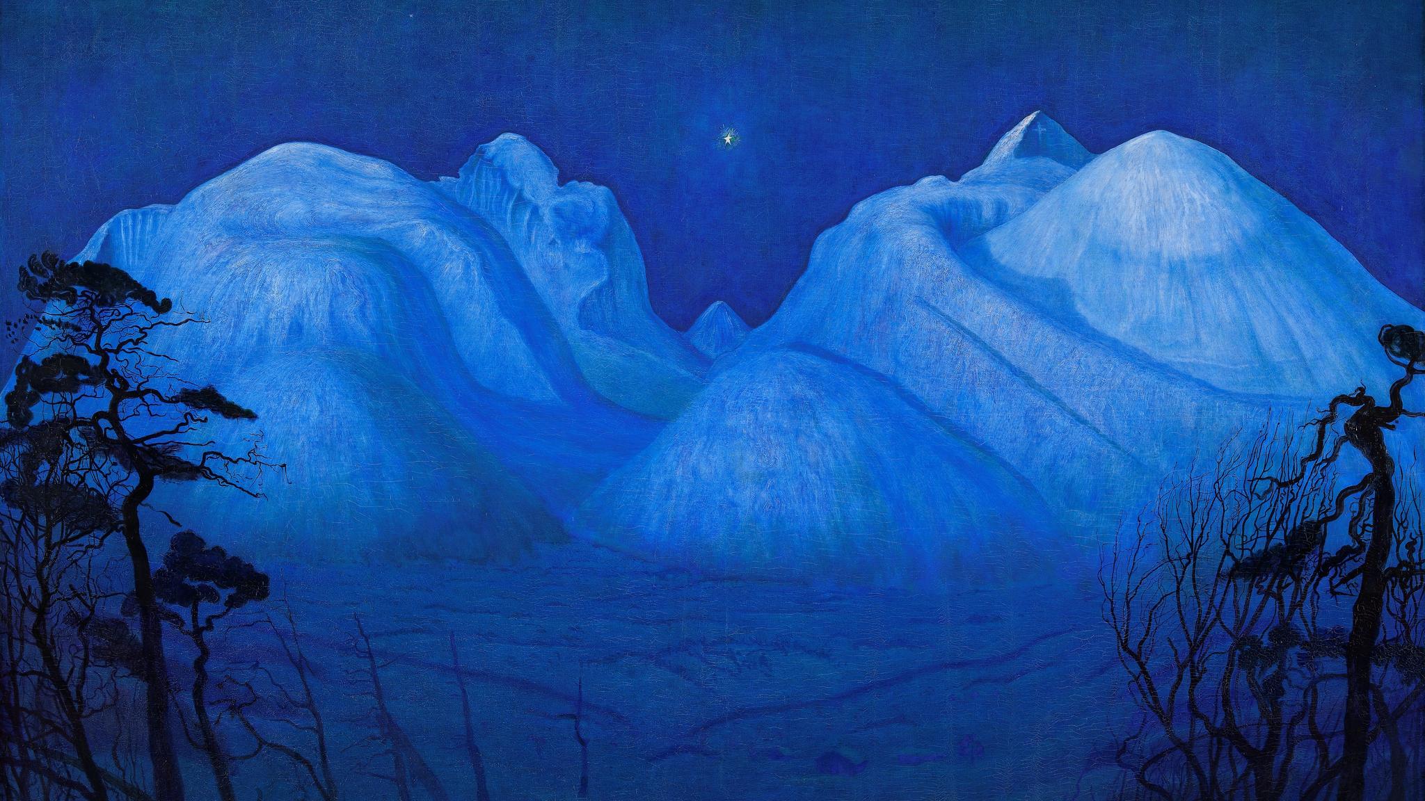 The painting “Winter Night in the Mountains” by Harald Sohlberg