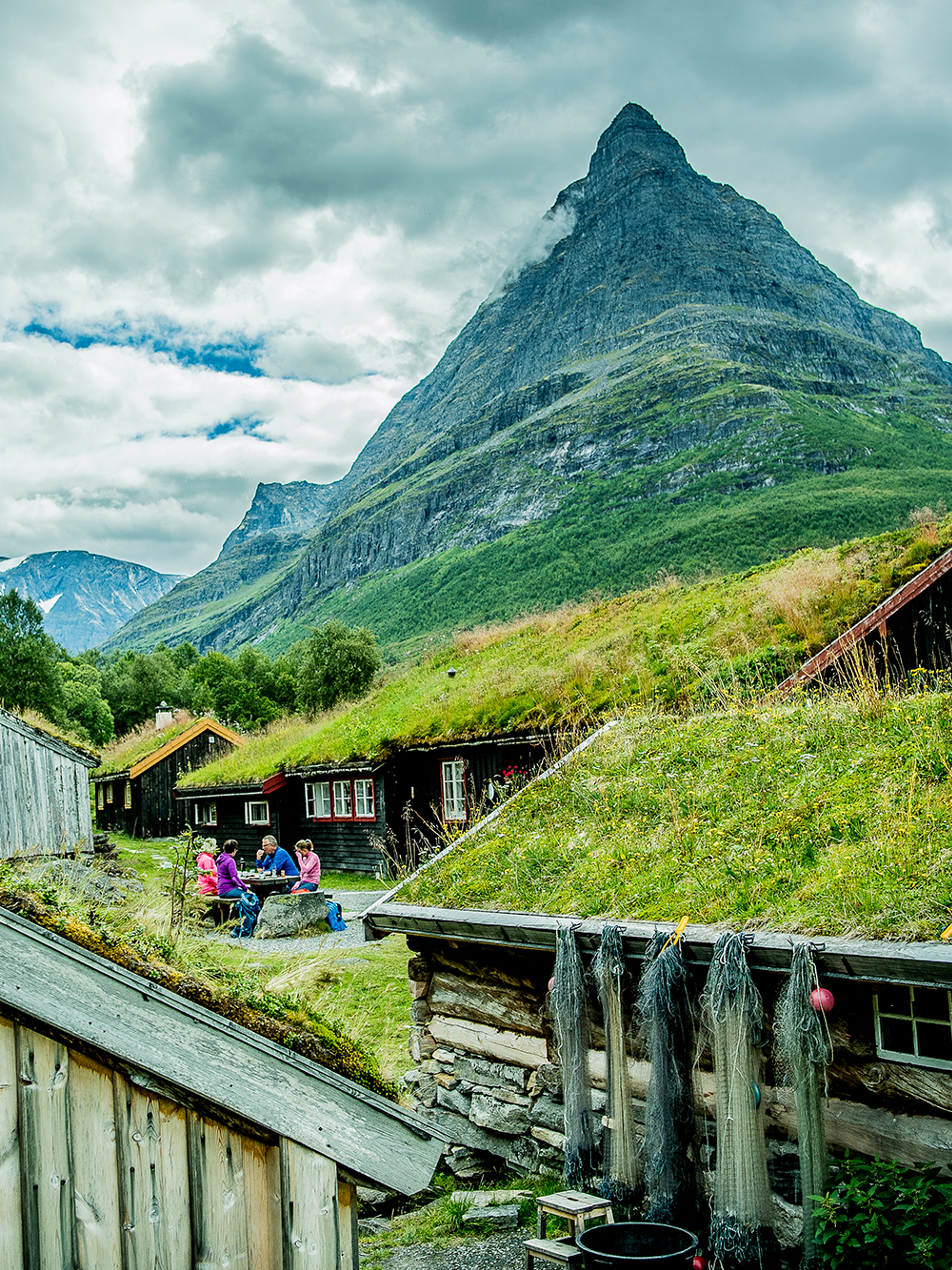 Thatched houses at Renndølsetra in the Innerdalen valley in Northwest, Fjord Norway