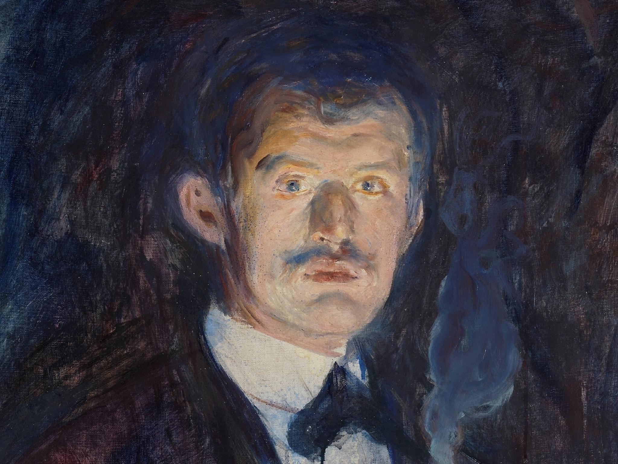 A self-portrait of Edvard Munch who's standing whilst holding a cigarette