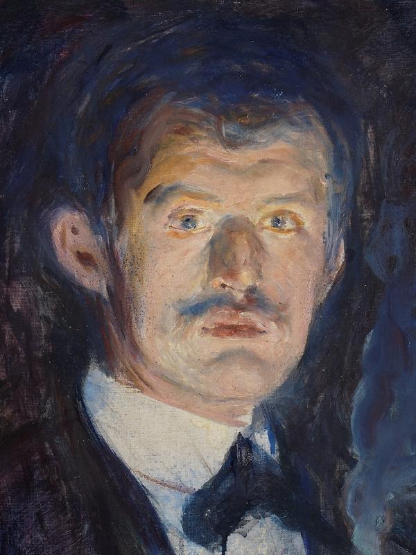 A self-portrait of Edvard Munch who's standing whilst holding a cigarette